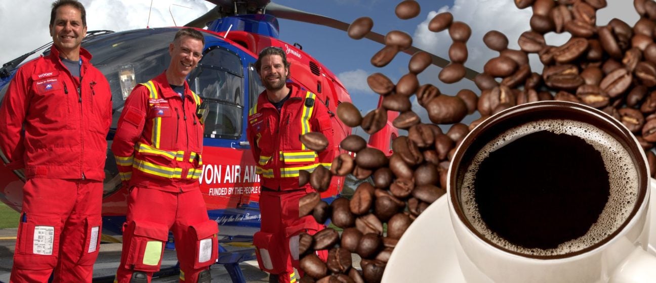 Devon Air Ambulance crew with a coffee cup and beans superimposed