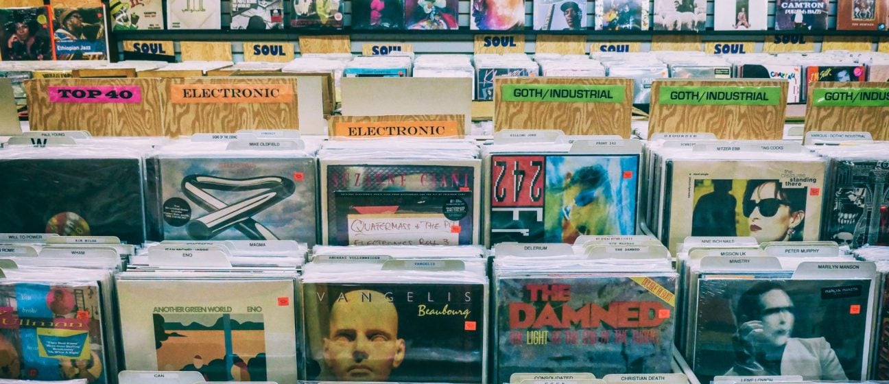 A rack of CDs in a shop