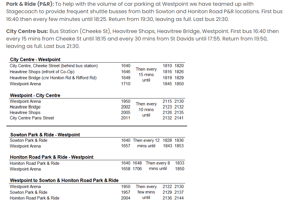 Exeter Fireworks 2025 bus timetable