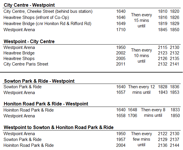 Bus times for the Exeter Round Table Fireworks 2025