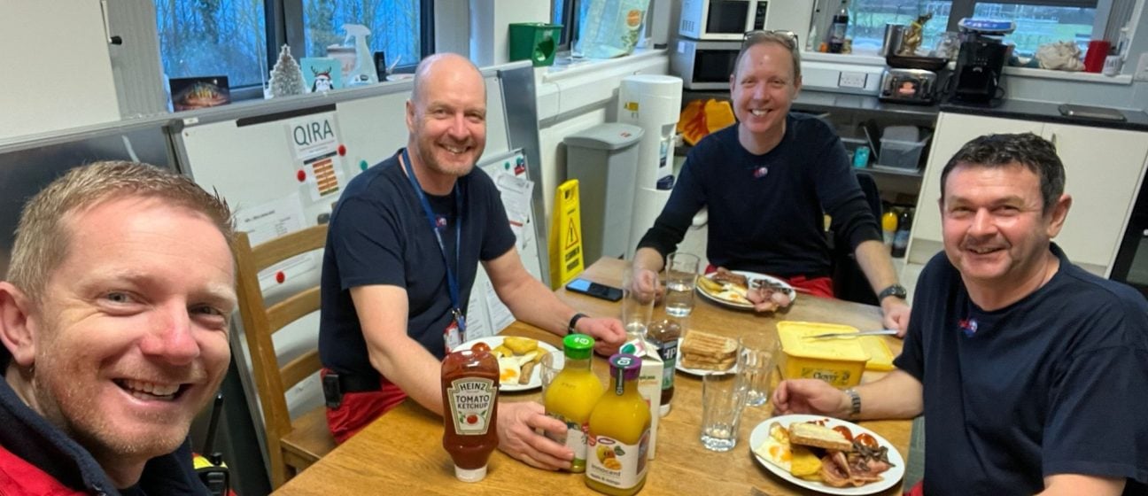 Crew members enjoying a festive breakfast
