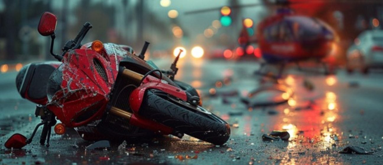 Road traffic collision scene featuring a motorcycle