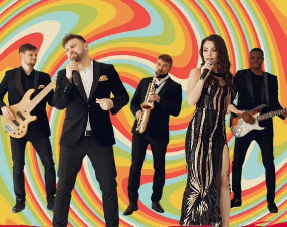 A band singing on a 60s patter backdrop